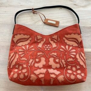 Antonio Melani Suede Leather Laser Cut Floral Design Shoulder Bag Medium